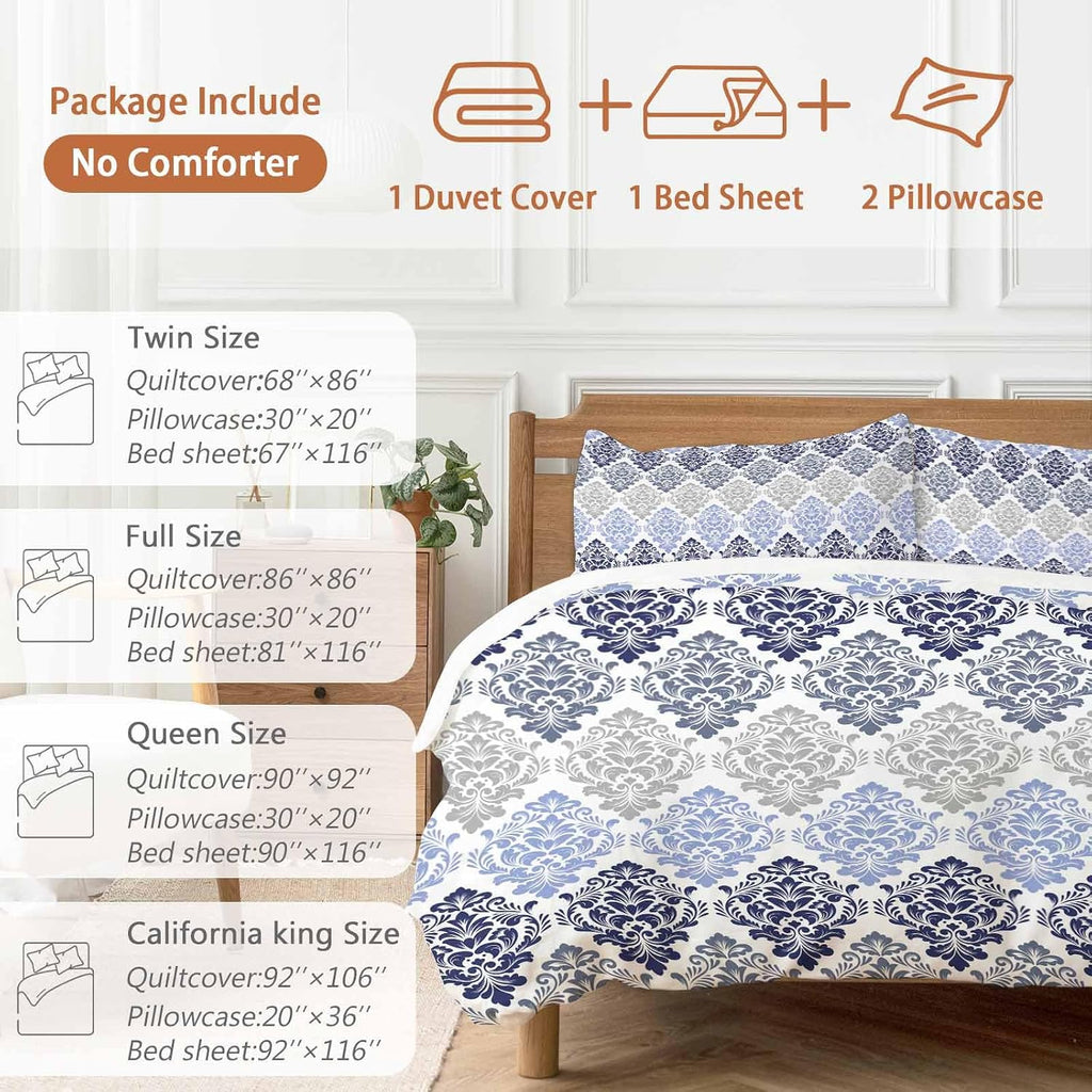 Prime Leader Vintage Floral Duvet Cover Set Queen Size 4 Pieces Blue Gray Flower Pattern Country Gradient Bedding Set with Zipper Closure, 1 Comforter Cover 90x92 Inches 1 Flat Sheet & 2 Pillow Cases