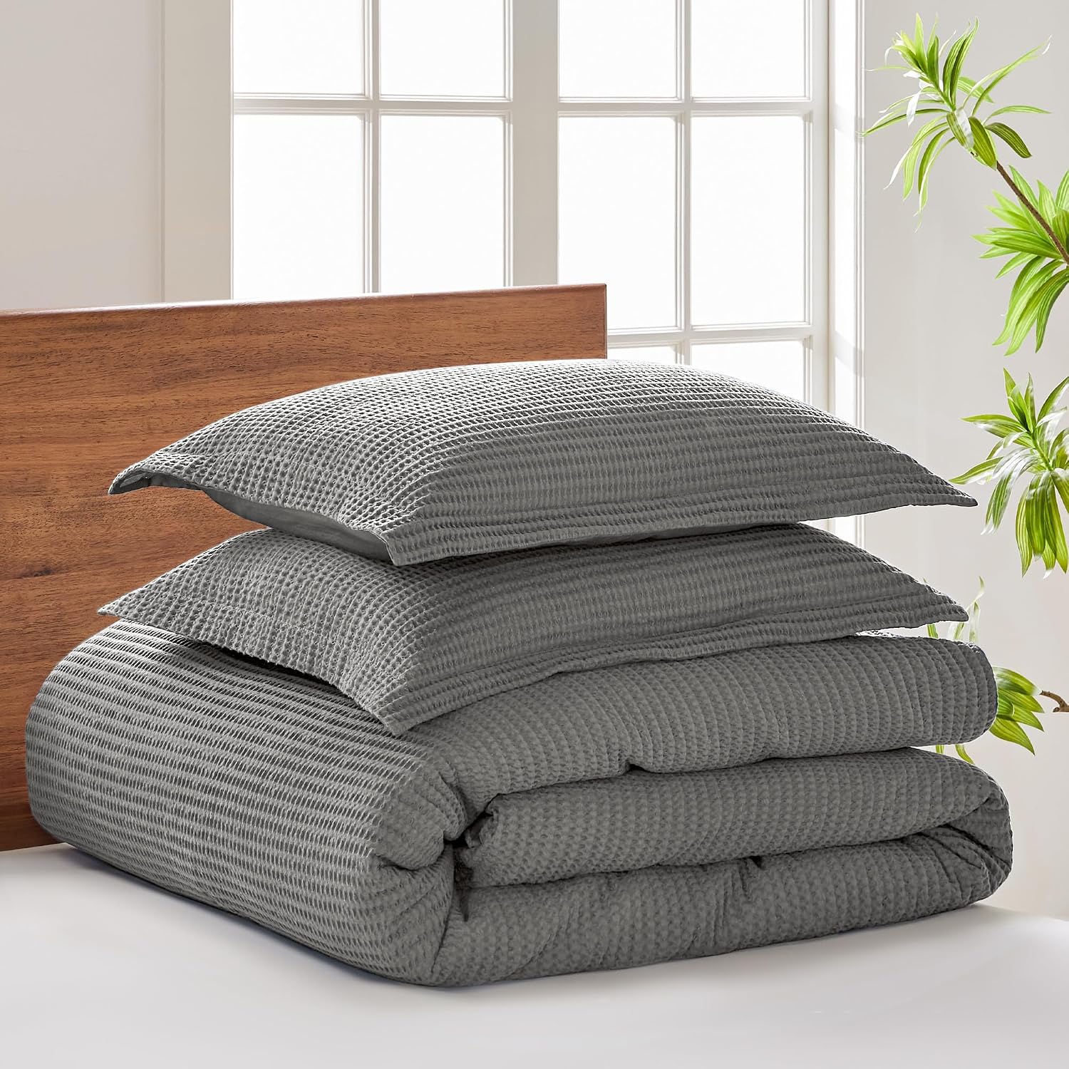 Levtex Home Cloud Waffle Twin Duvet Cover Set (68x88in) with 1 Pillow Sham (26x20in) - Solid Waffle Cotton Texture - Grey - 100% Cotton Twin Size Duvet Cover Set - Soft, Pre-Washed