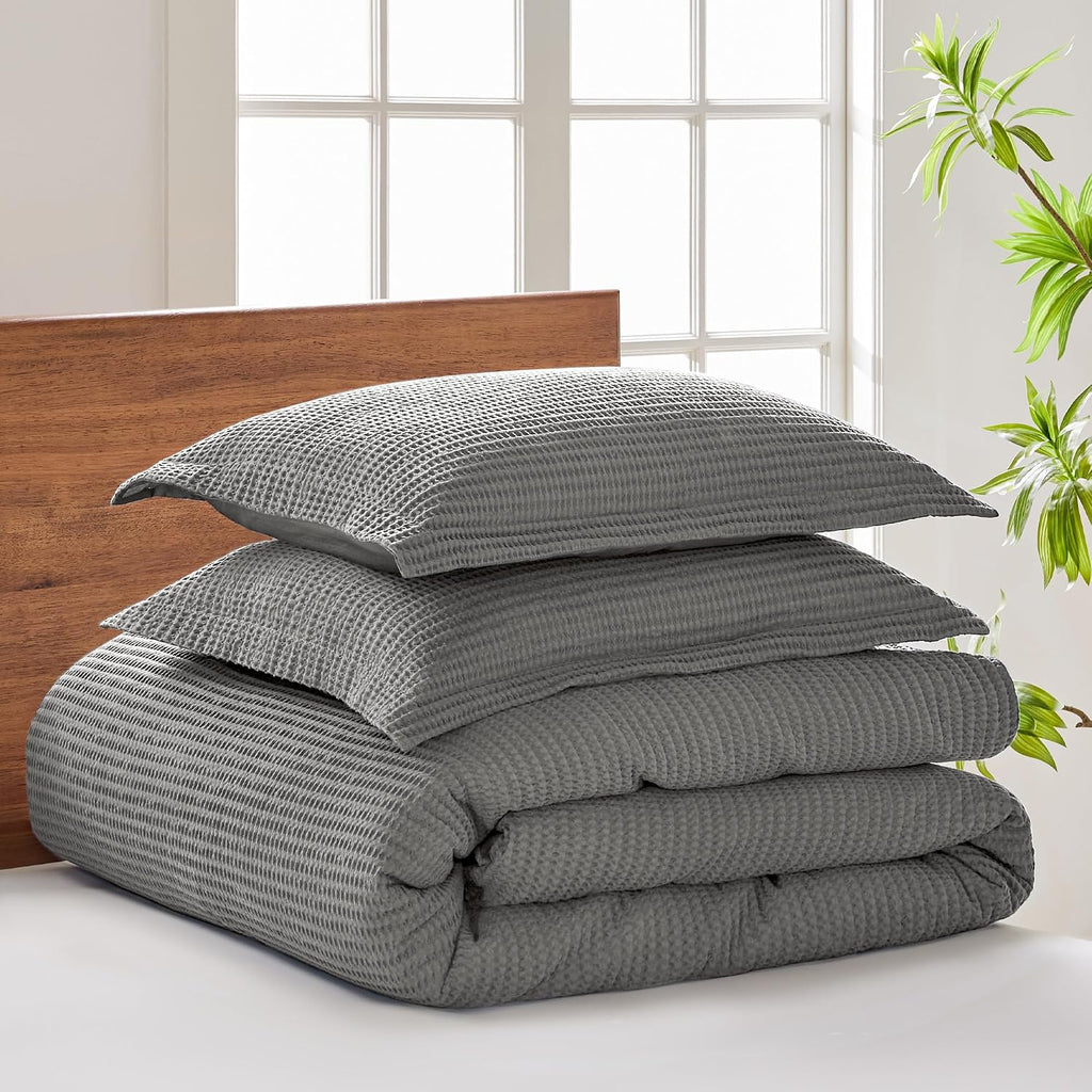 Levtex Home Cloud Waffle Queen Duvet Cover Set (90x94in) with 2 Pillow Shams (26x20in) - Solid Waffle Cotton Texture - Grey - 100% Cotton Queen Size Duvet Cover Set - Soft, Pre-Washed