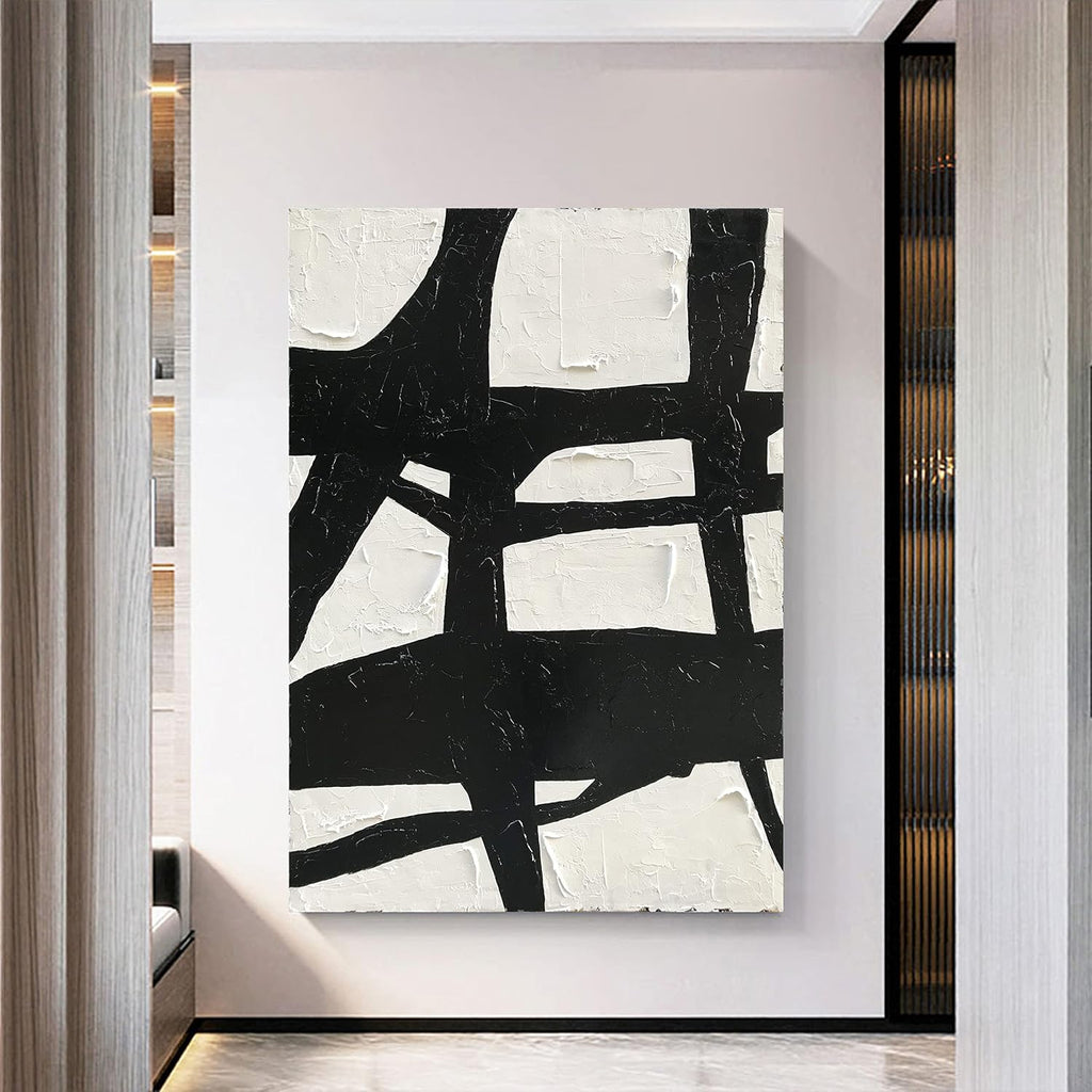 NANKAI Art Hand Painted Large Black and White Abstract contemporary minimalist oil painting work It is suitable for decorating the interior office walls and its size is 48x36 inches