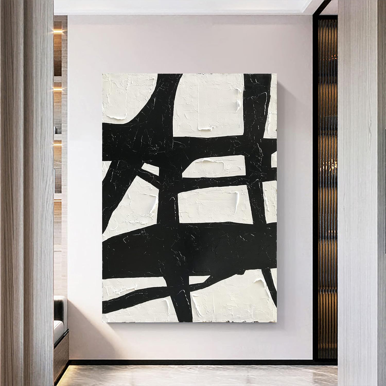 NANKAI Art Hand Painted Large Black and White Abstract contemporary minimalist oil painting work It is suitable for decorating the interior office walls and its size is 48x36 inches