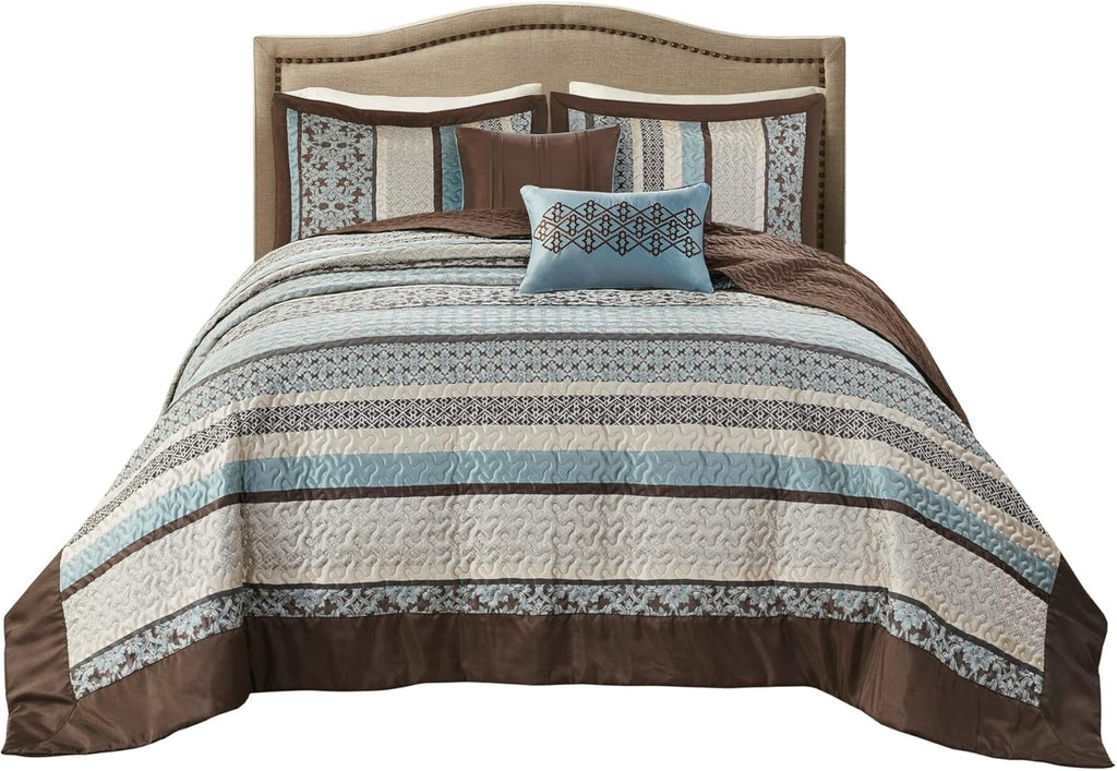 Madison Park Princeton Reversible Quilted Bedspread Set, Solid Reverse Summer Breathable, Lightweight All Season Bedding Layer, Matching Shams, Bedspread Queen(102'x118'), Blue 5 Piece