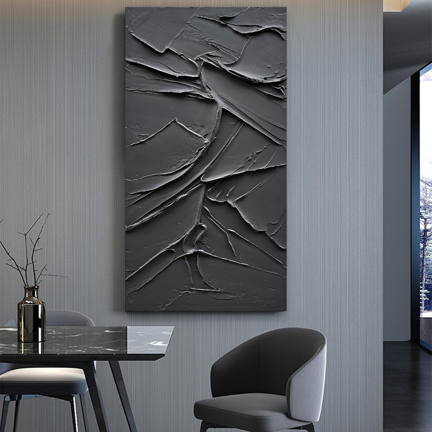 NANKAI Art Hand Painted Black Canvas Wall Art 48x24 inch Abstract Modern Oil Painting Contemporary Textured Wall Art Minimalist Artwork Home Decor