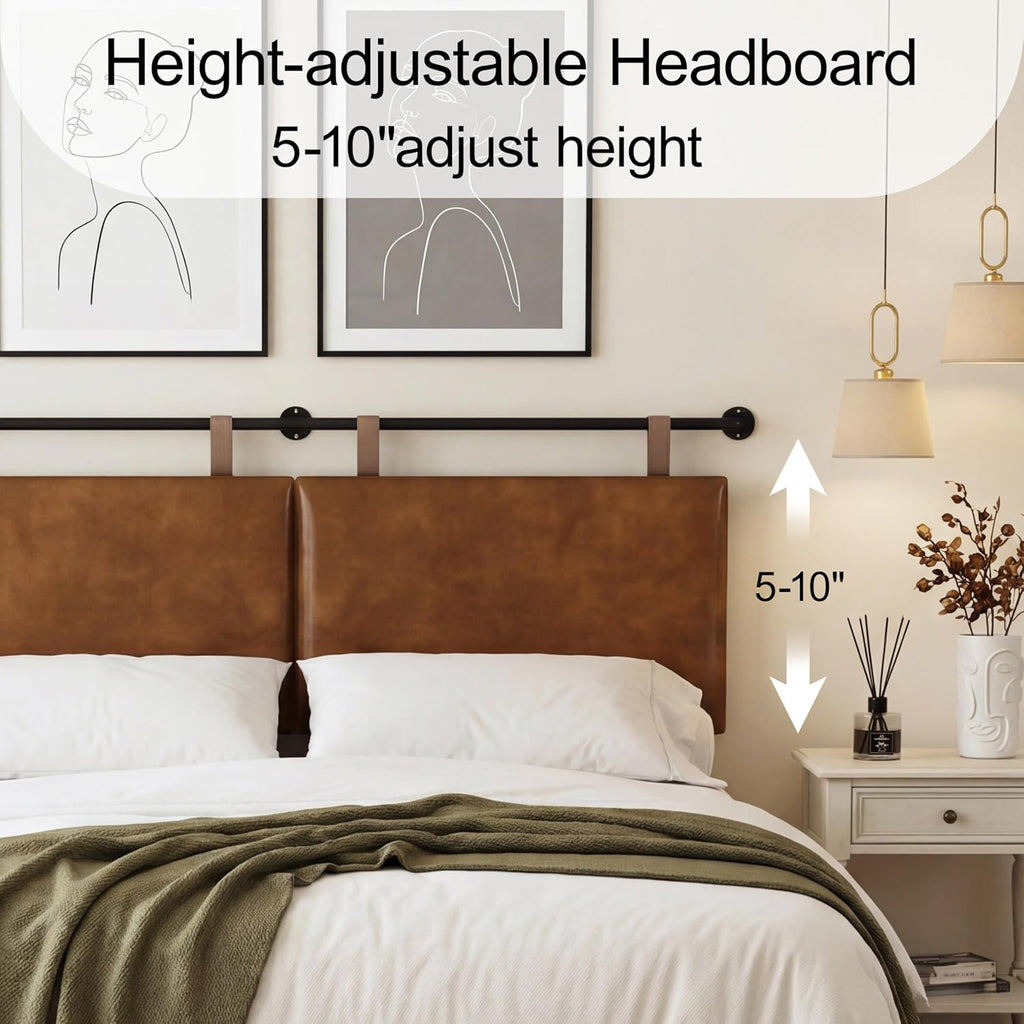 King Headboard, Wall Mounted Hanging Upholstered Soft Bed Head Board with Modern Design Faux Leather Headboards Ideal for Bedroom (Brown Leather, King