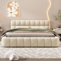 Upholstered Platform Bed, Bed with Square Grid Soft Bag,Platform Bed with Thick Fabric, Grounded Bed with Solid Frame, Queen Size,Beige