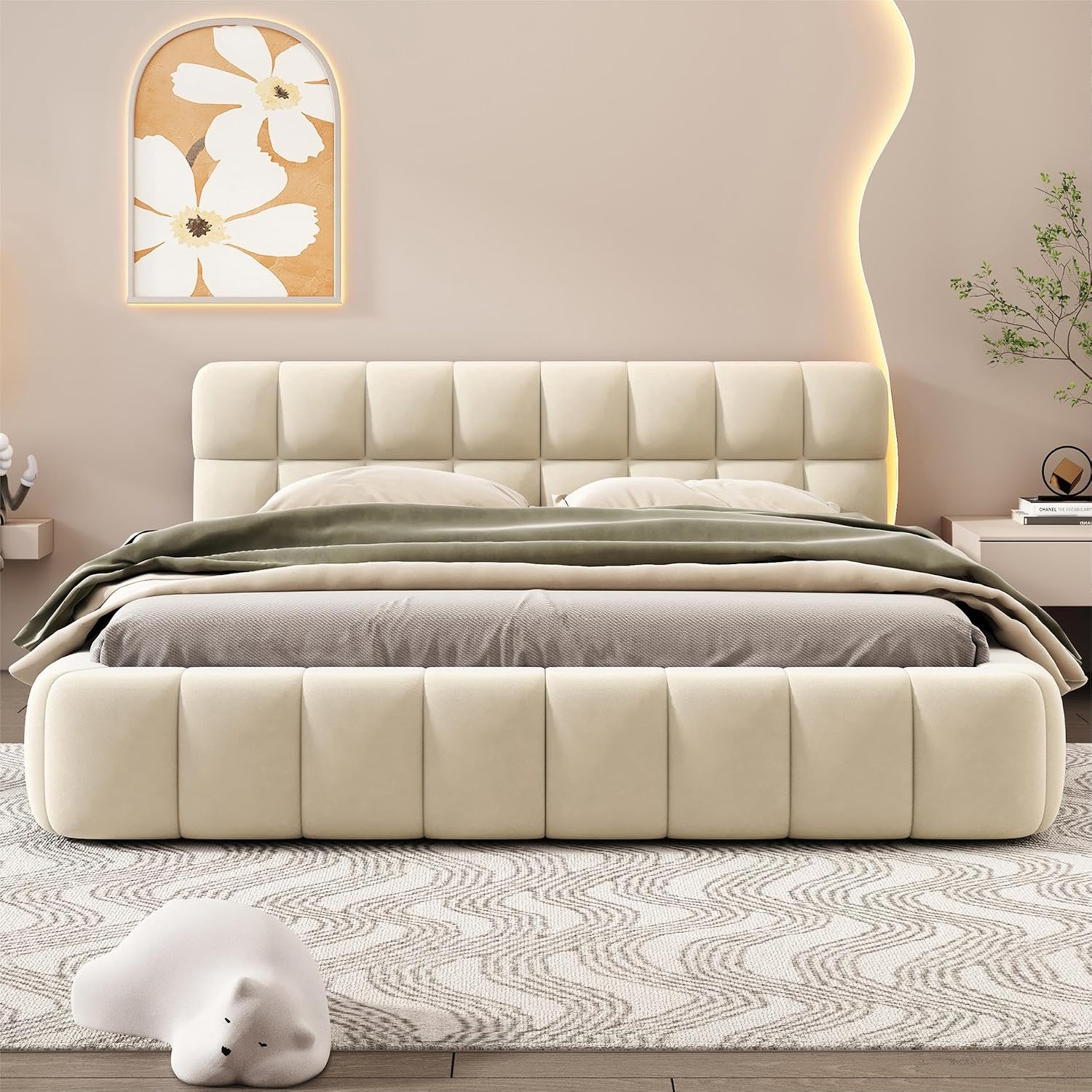 Upholstered Platform Bed, Bed with Square Grid Soft Bag,Platform Bed with Thick Fabric, Grounded Bed with Solid Frame, Queen Size,Beige