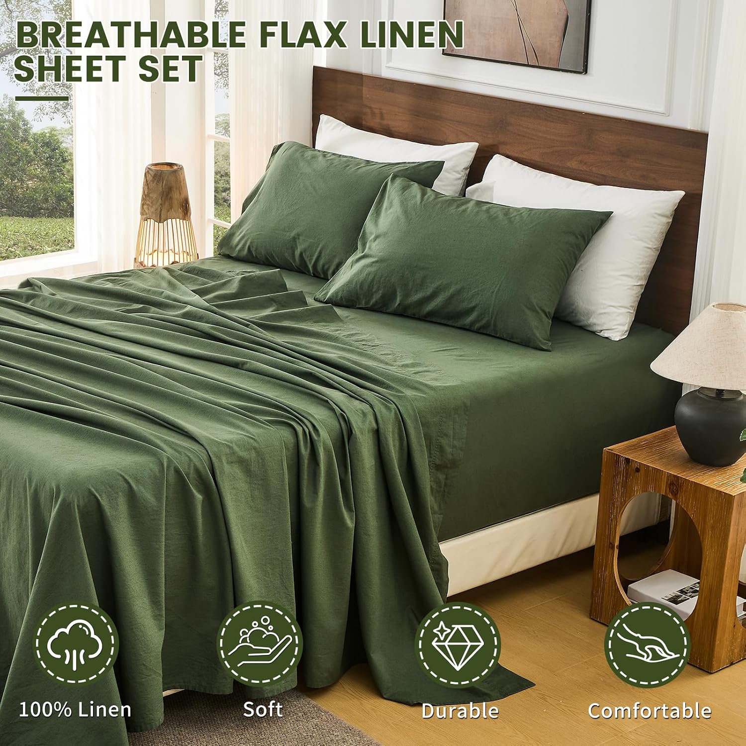 Bedlifes 100% French Linen Sheets Queen Size 18-24'Extra Deep Pocket 4-Piece Set Breathable & Moisture-Wicking,Soft & Durable Sheets for Thick Mattresses(Forest Green)
