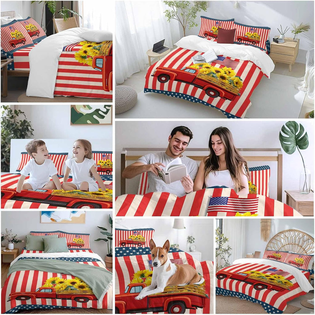 Independence Day Duvet Cover Set Queen Size 4 Pieces Five-Pointed Star U.S. Flag Themed Red Truck Sunflower Bedding Set with Zipper Closure,1 Comforter Cover 86x86 Inches 1 Flat Sheet & 2 Pillow Cases
