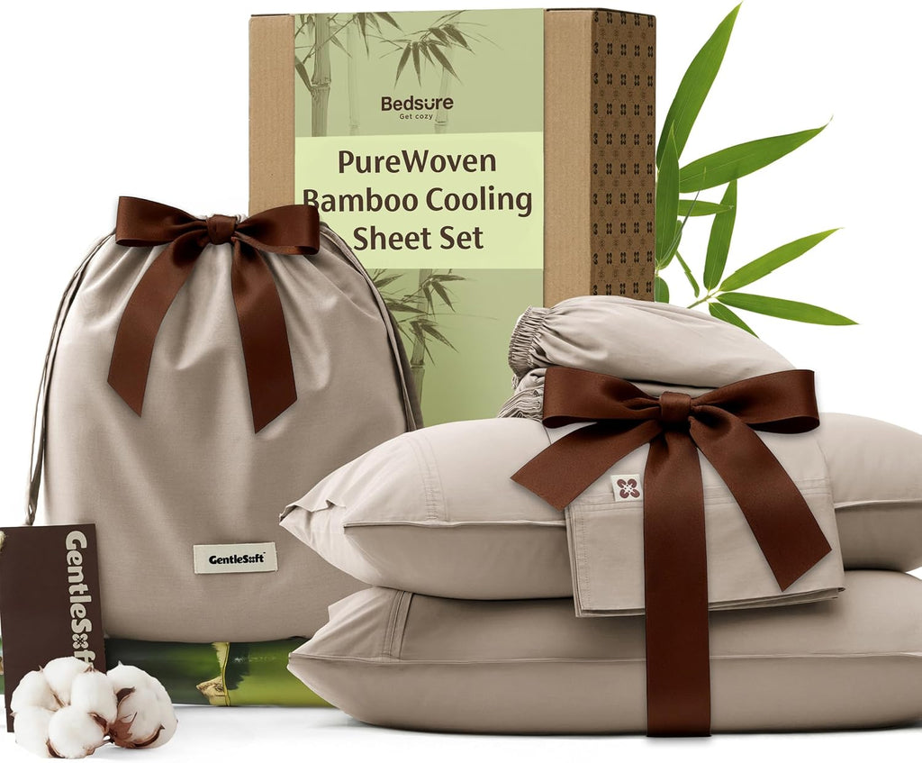 Bedsure Bamboo Viscose Cooling Sheets, Rayon Cotton Serene Blend, PureWoven, Breathable & Buttery Soft King Size Sheets Set, Deep Pocket Up to 18', Hotel Luxury Bedding for Hot Sleepers, Simply Taupe