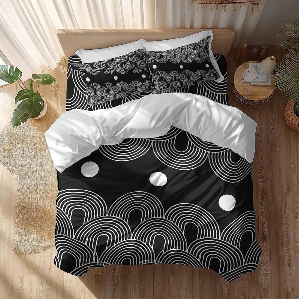 Prime Leader Black White Duvet Cover Set Queen Size 4 Pieces Abstract Line Boho Minimalist Arch Geometric Bedding Set with Zipper Closure, 1 Comforter Cover 86x86 Inches 1 Flat Sheet & 2 Pillow Cases