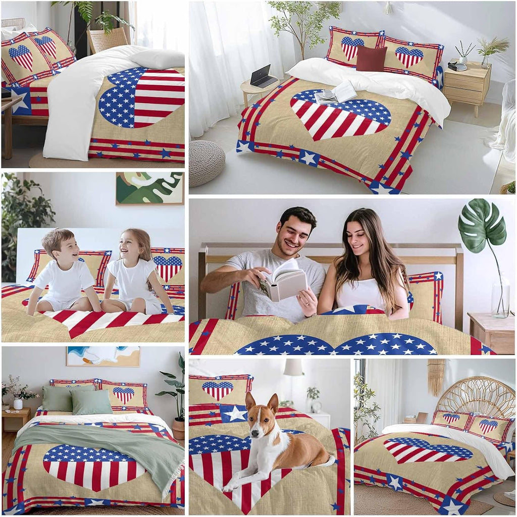 Prime Leader Happy 4th Duvet Cover Set Queen Size 4 Pieces of July USA Flag Love Heart Retro Linen Bedding Set with Zipper Closure, 1 Comforter Cover 86x86 Inches 1 Flat Sheet & 2 Pillow Cases