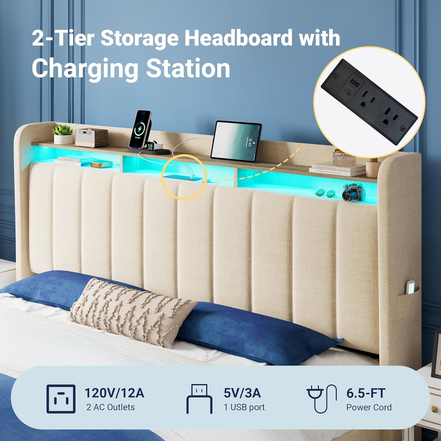 Allewie King Size Bed Frame with 2-Tier LED Storage Headboard, Upholstered King Platform Bed Frame with 2 Storage Drawers, USB & Type-C Charging Ports, Noise-Free/No Box Spring Needed, Beige