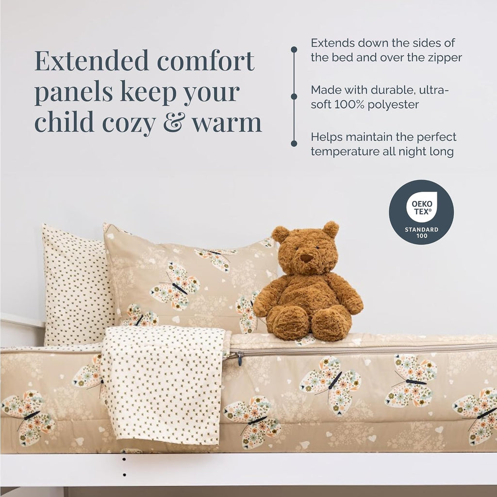 Beddy's Butterfly Themed Durable Zipper Bedding for Kids - Bed in a Bag - Beige Sheets & Comforter with Butterflies, Hearts & Floral Design - Includes Pillowcase & Sham - Easy to Make & Wash - Twin