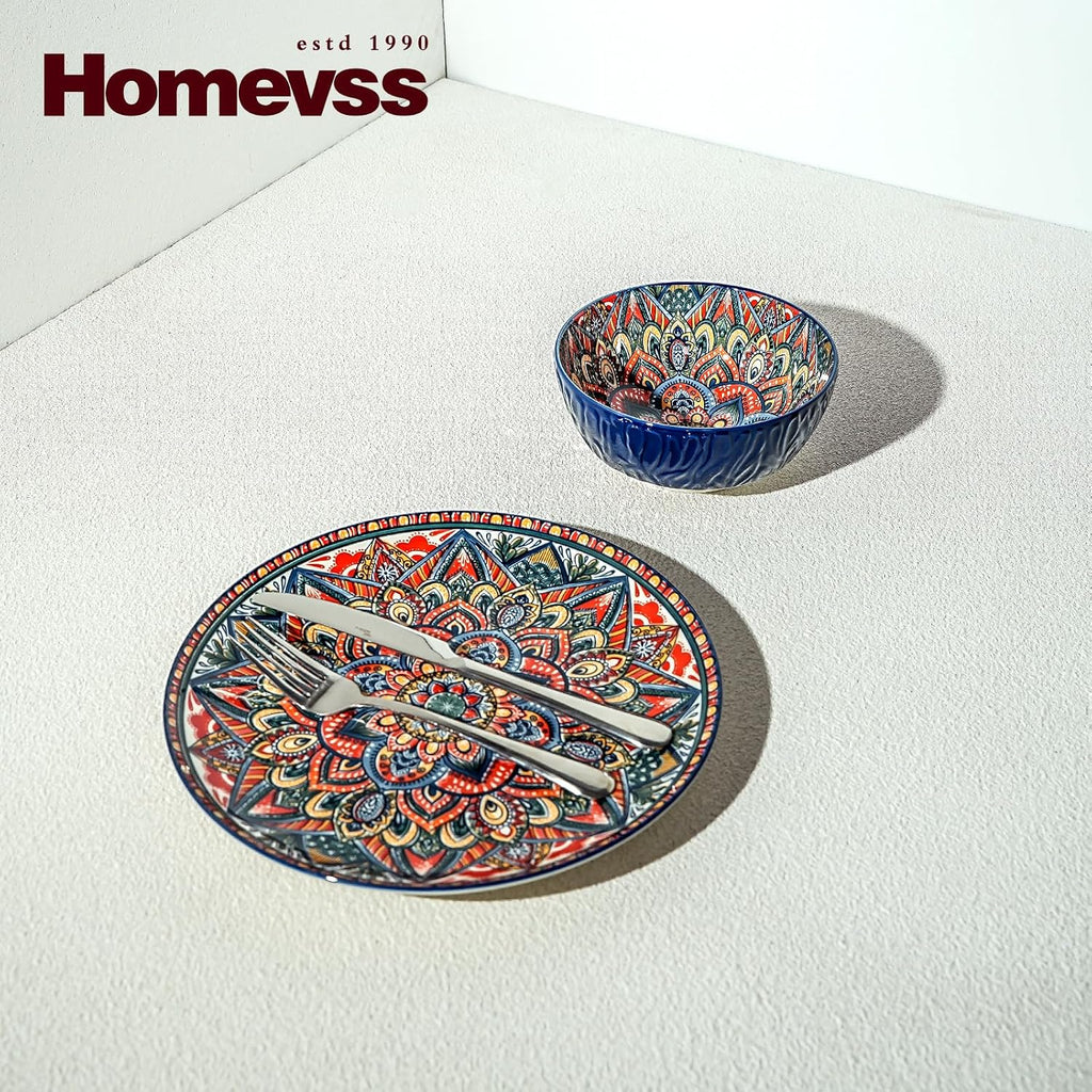Homevss 20 Pieces Dinnerware Sets, Plates and Bowls Set, Porcelain Dishes Set for 4, Microwave and Dishwasher Safe, Scratch Resistant, Bohemian Style Dining Ware
