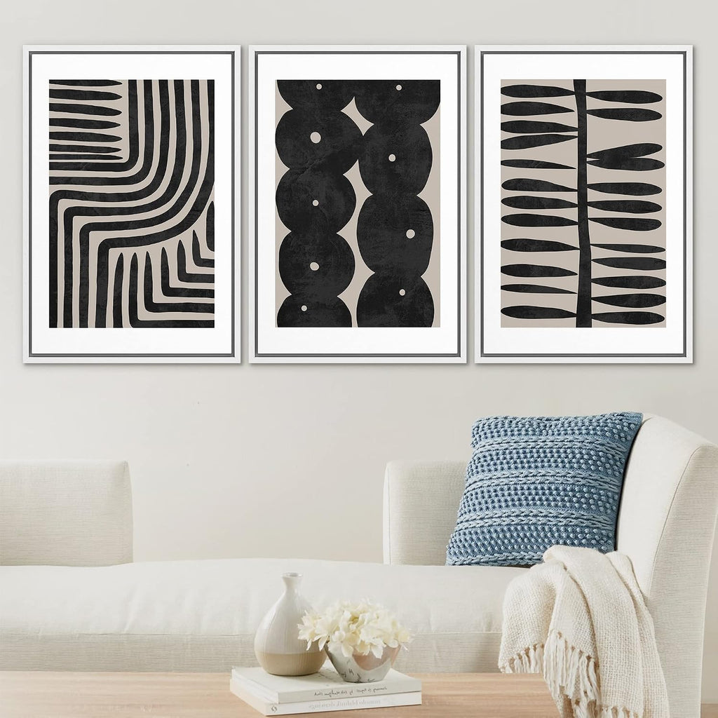 SIGNLEADER Framed Canvas Print Wall Art Set Geometric Black Paint Stroke Patterns Abstract Shapes Illustrations Modern Art Decorative Contemporary for Living Room, Bedroom, Office - 24'x36'x3 WHITE