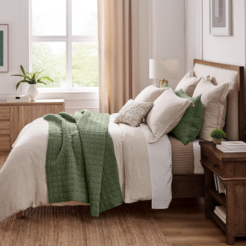 Levtex Home Cloud Waffle Full/Queen Quilt Set (88x92in) and 2 Pillow Shams (26x20in) - Box Quilted Waffle Texture - Forest Green - Cotton Full/Queen Size Quilt Bedding Set - Lightweight Soft | Textured