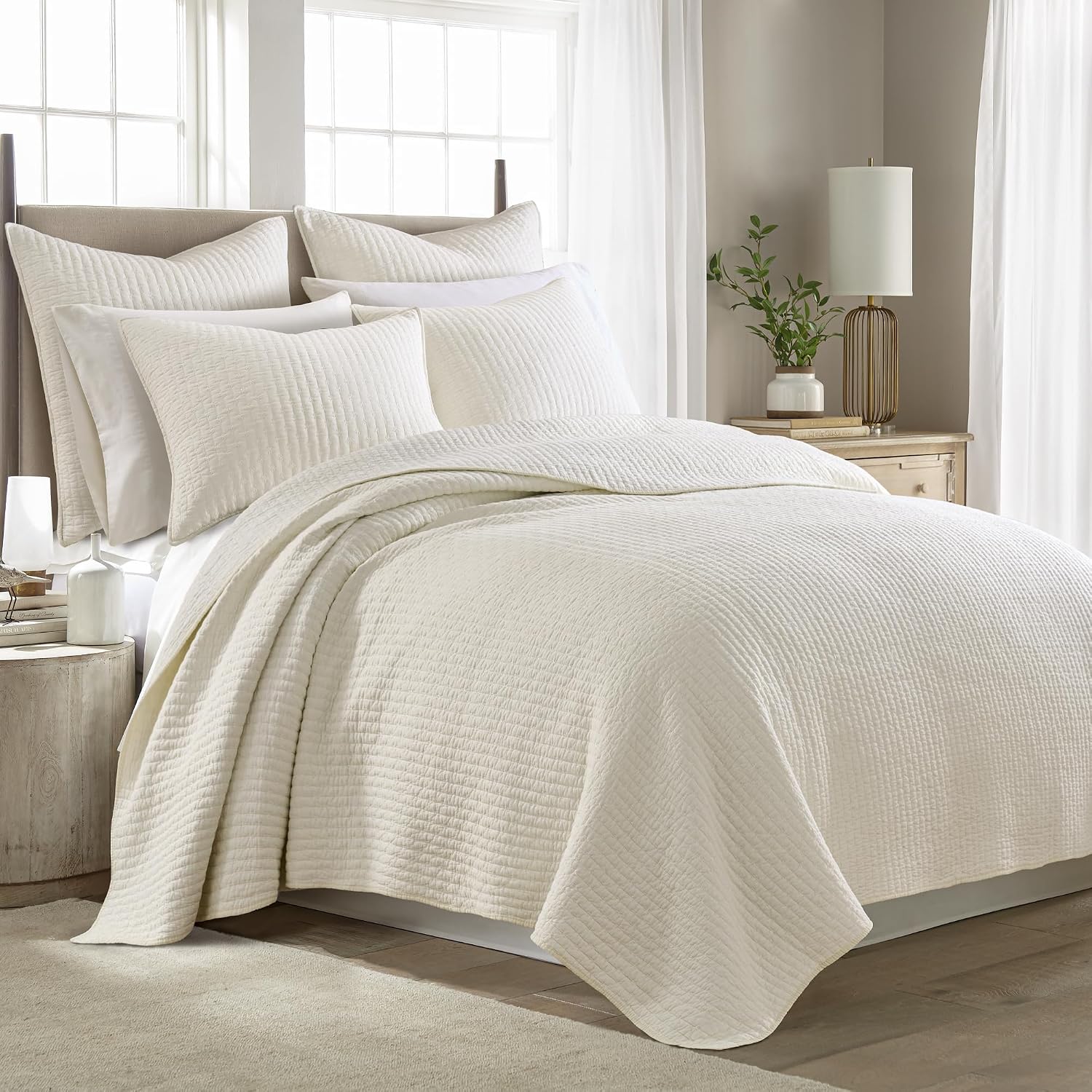Levtex Home Cross Stitch Reversible Full/Queen Quilt Set (88x92in) with 2 Pillow Shams (26x20in) - Stitch Texture - Cream - Cotton Full/Queen Size Quilt Bedding Set - Lightweight, Soft, Pre-Washed