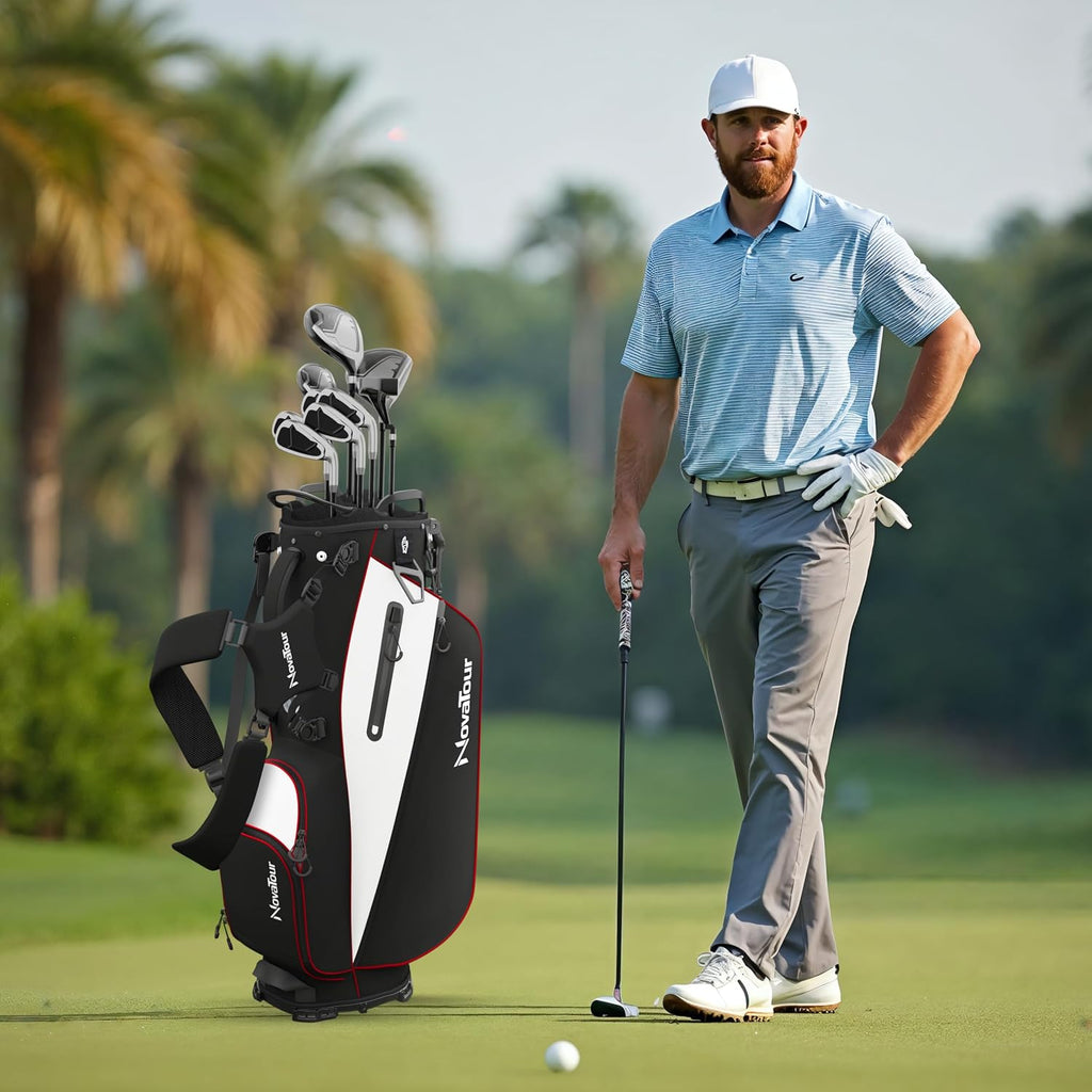 Golf Stand Bag - Lightweight Golf Bag with Stand and 7 Way Dividers, Dual Strap, Waterproof Pocket, Insulated Sleeve, Easy-Lift Handles and Swing-Cam Holder