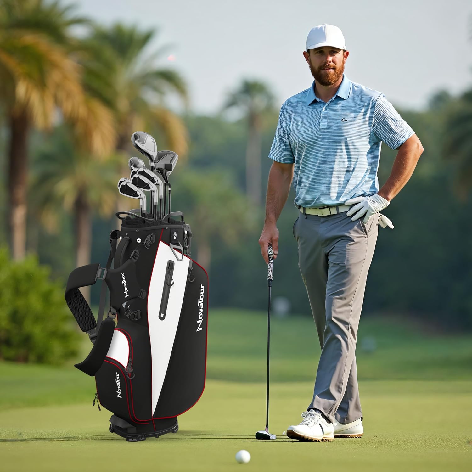 Golf Stand Bag - Lightweight Golf Bag with Stand and 7 Way Dividers, Dual Strap, Waterproof Pocket, Insulated Sleeve, Easy-Lift Handles and Swing-Cam Holder