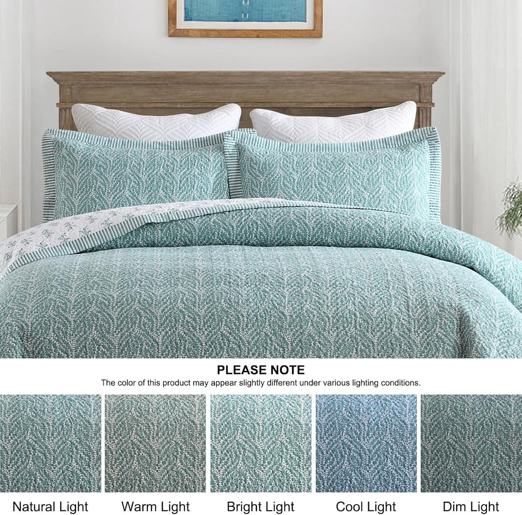 SahSahCasa Quilt Set King Size, 100% Cotton Quilt Bedding Set Bedspread, Botanical Pattern Solid Color Chic Lightweight Quilted Comforter for King Bed, White/Teal, All Season, 3 Pieces