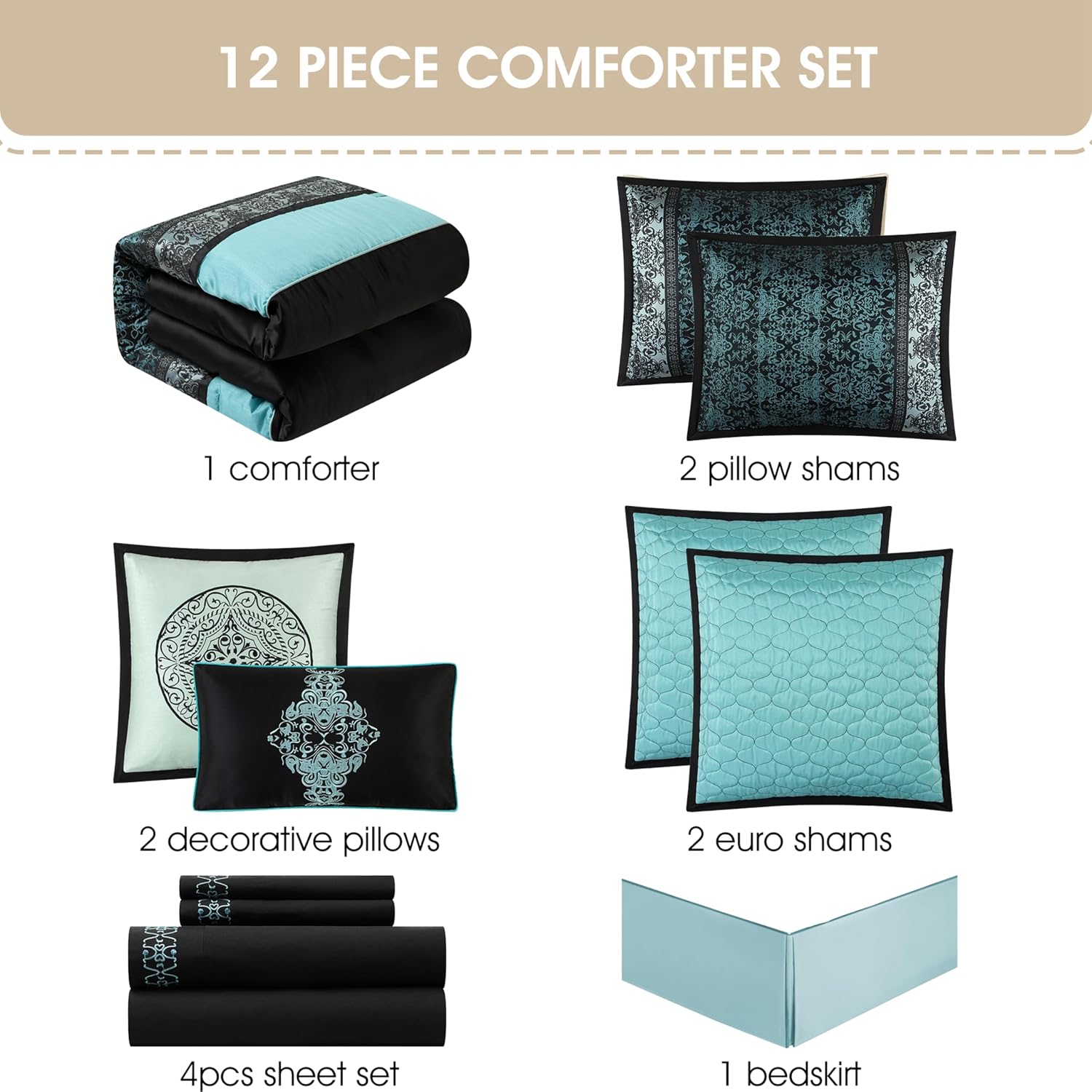 Stratford Park Black & Teal Comforter Set California King Size, Classic Jacquard Bedding Sets, Faux Silk, Premium Microfiber, 12 Pieces Bed in a Bag, Matching Fitted Sheet, Flat Sheet