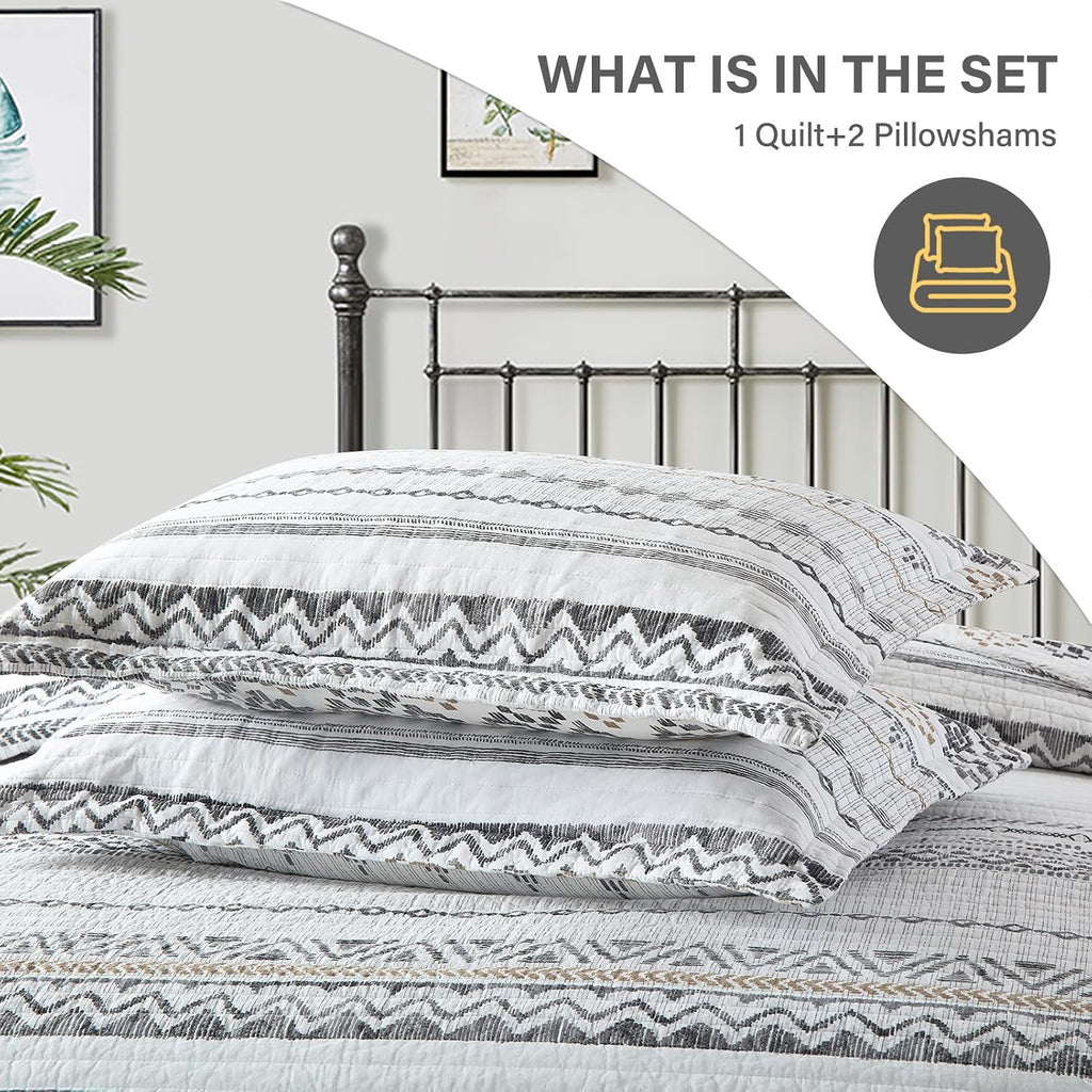 SahSahCasa Quilt King Size, Set, 100% Cotton Boho Quilt, Bedding Set Bedspreads, Bohemian Reversible Lightweight Striped Quilts Bedspread for All Season, White/Grey, 3 Pieces