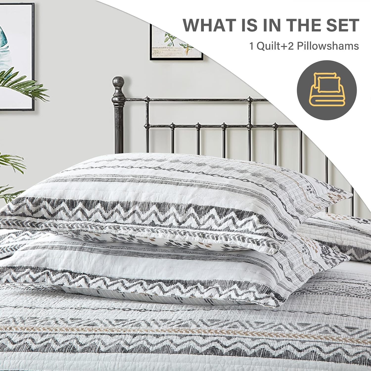 SahSahCasa Quilt King Size, Set, 100% Cotton Boho Quilt, Bedding Set Bedspreads, Bohemian Reversible Lightweight Striped Quilts Bedspread for All Season, White/Grey, 3 Pieces
