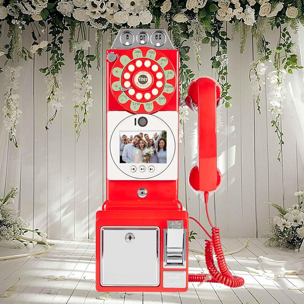 Video Audio Guest Book Wedding Phone, 1080p HD Video Audio Phone Guestbook, Customized Video Message, Five Levels Brightness, Can Record for 6-7 Hours, for Birthday, Wedding,Red-64GB