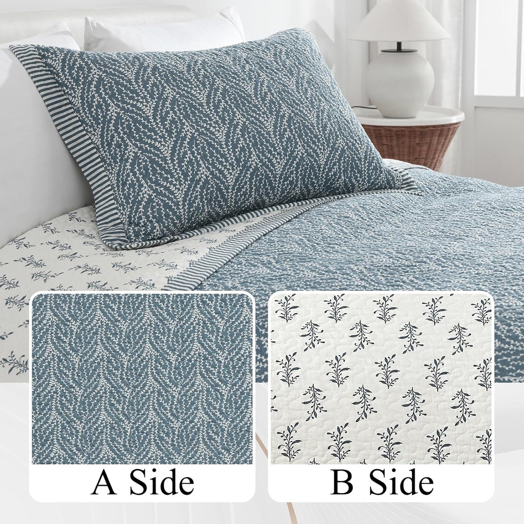 SahSahCasa Quilt Set King Size, 100% Cotton Quilt Bedding Set Bedspread, Botanical Pattern Solid Color Chic Lightweight Quilted Comforter for King Bed, White/Grayish-Blue, All Season, 3 Pieces