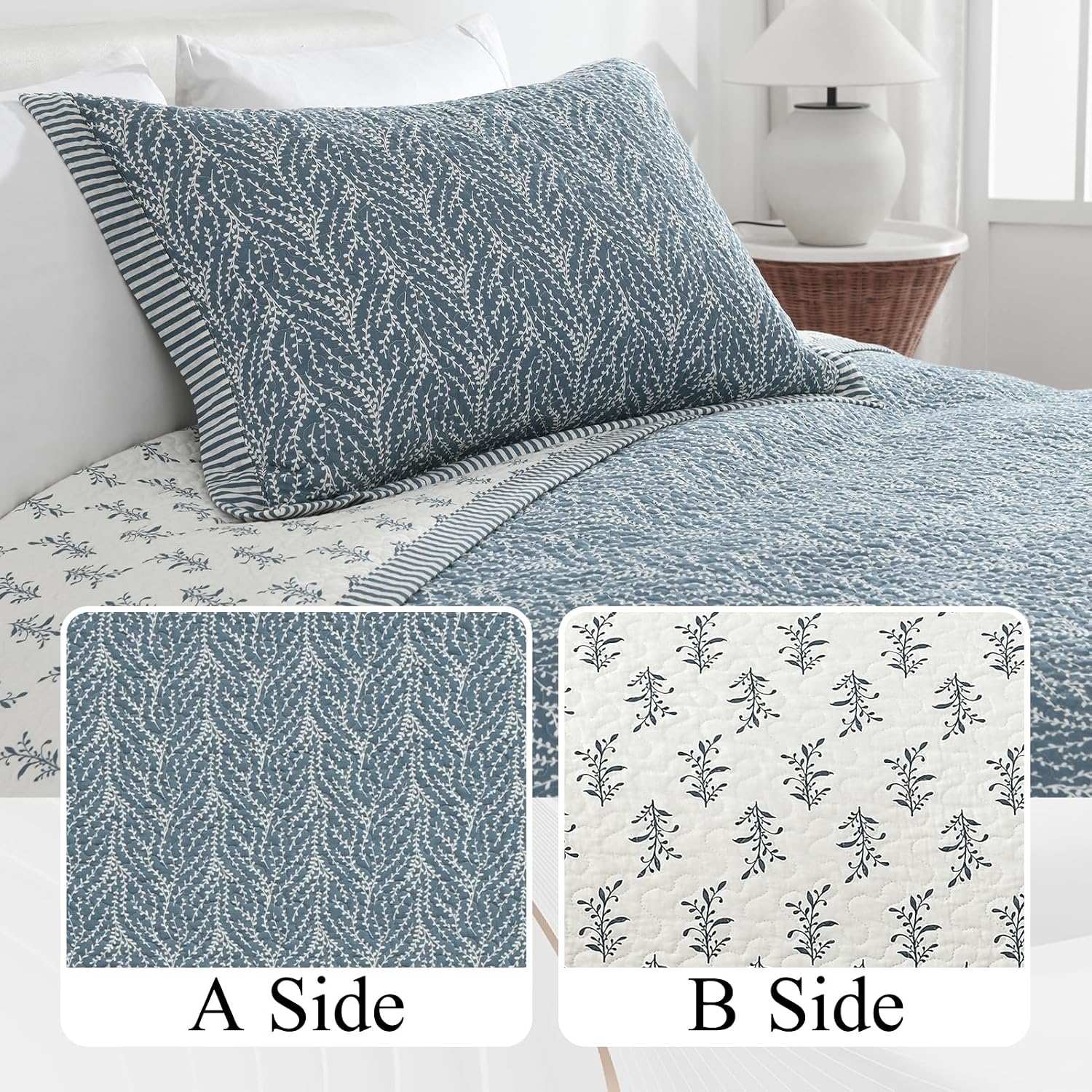 SahSahCasa Quilt Set King Size, 100% Cotton Quilt Bedding Set Bedspread, Botanical Pattern Solid Color Chic Lightweight Quilted Comforter for King Bed, White/Grayish-Blue, All Season, 3 Pieces