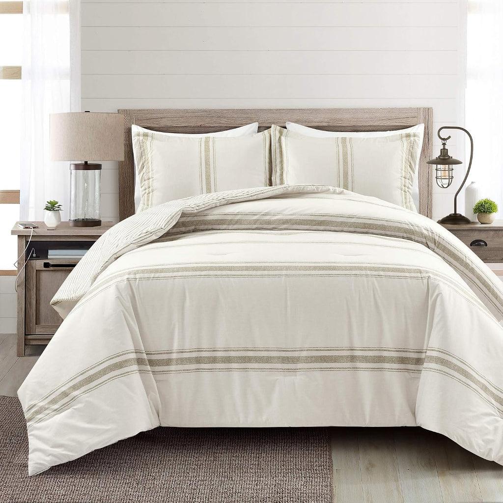 Lush Decor Farmhouse Stripe Reversible Cotton Comforter Set, 3 Piece Set, King, Neutral - Cozy Farmhouse Bedding Set - Rustic Decor - Striped Comforter - Modern Farmhouse Bedroom Decor