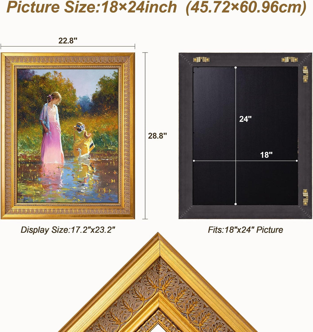 ArtXO 18x24 Vintage Picture Frames Gold for Poster and Photo, Ornate Wood Frame without Mat, Plexiglass Cover for Wall Mounting Display