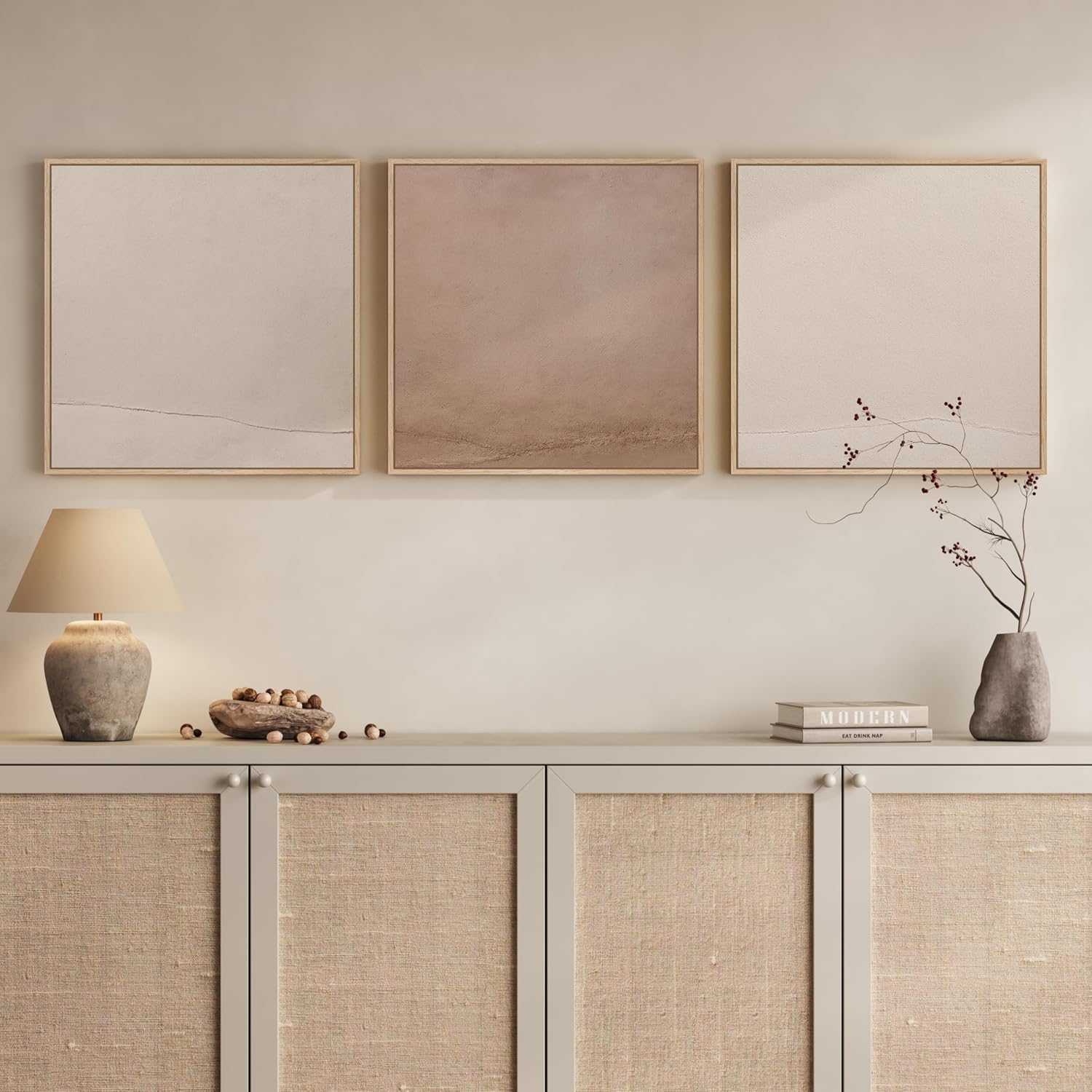Large Framed Minimalist Abstract Wall Art for Living Room, 3 Piece Big Modern Neutral Canvas Prints Artwork for Walls, Earth Tone Pictures for Bedroom, Office Wall Decor, 24x24 Inch