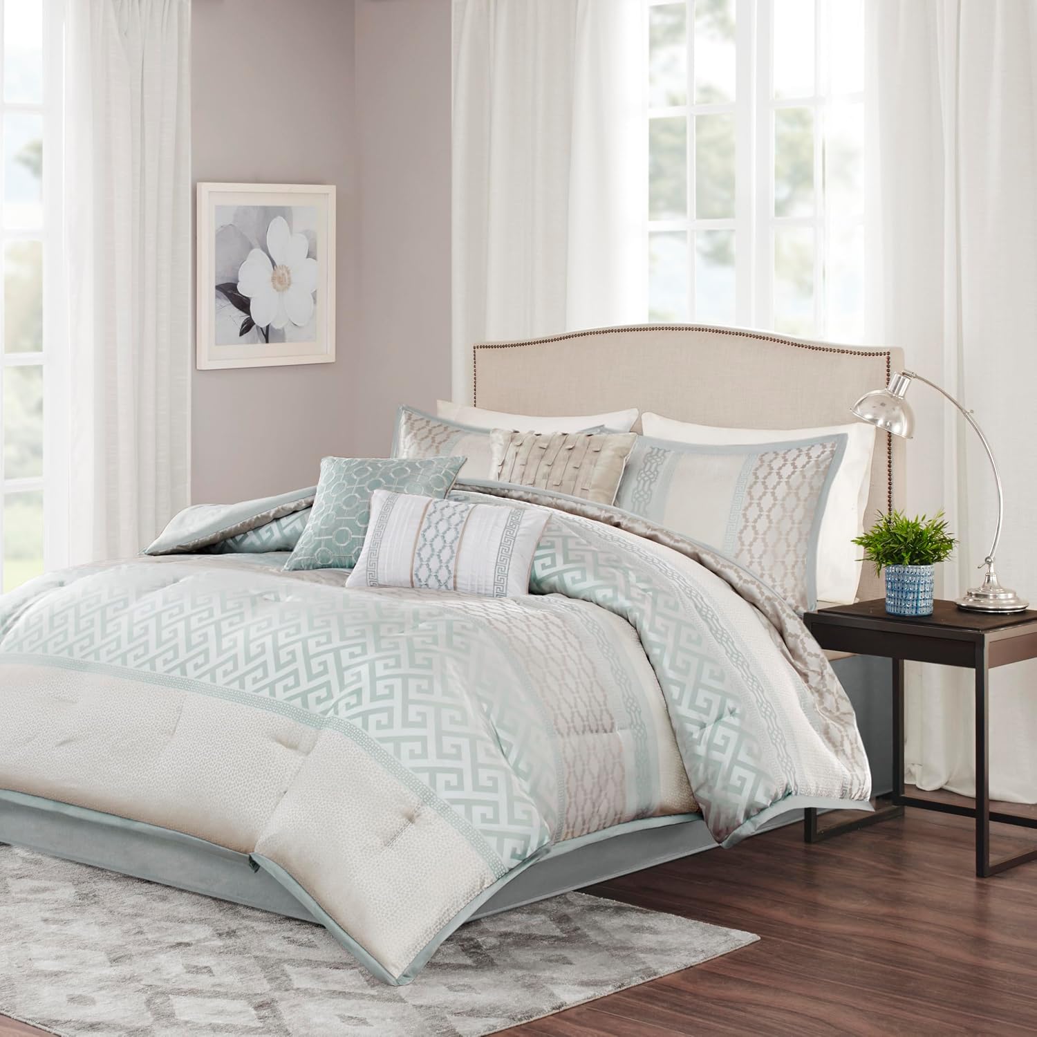 Madison Park Luxury Comforter Set-Traditional Jacquard Design All Season Down Alternative Bedding, Matching Bedskirt, Decorative Pillows, Cal King(104'x92'), Bennett, Geometric Aqua, 7 Piece