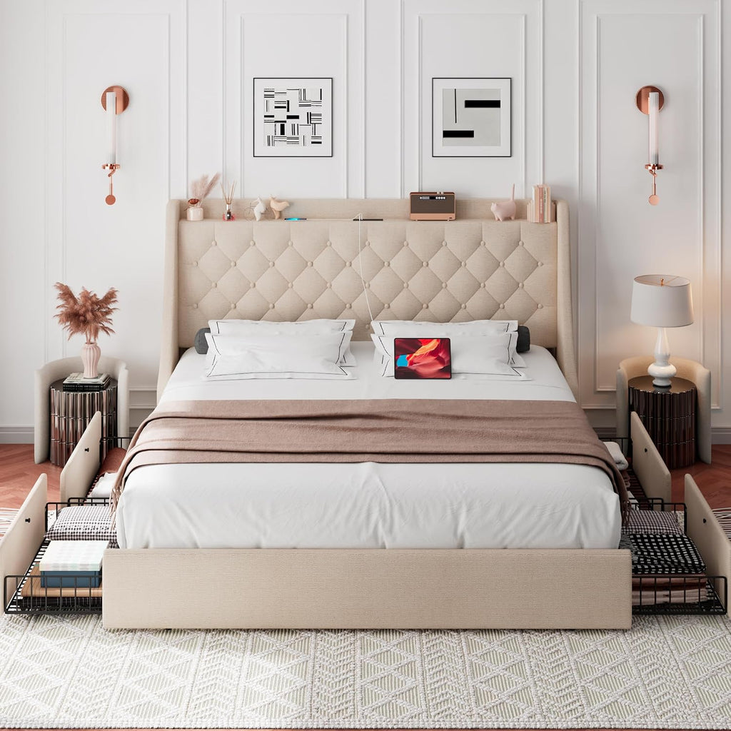 iPormis King Bed Frame with 4 Storage Drawers, Upholstered Platform Bed Frame with Type-C & USB Ports, Wingback Storage Headboard, Solid Wood Slats, No Box Spring Needed, Beige