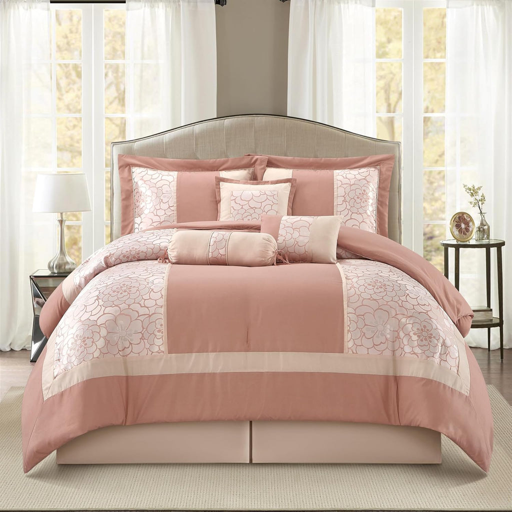 Grand Avenue Blush Comforter Set California King Size, 7 Piece Jacquard Soft Bedding Set, All Season, Bedskirt, Pillows & Shams