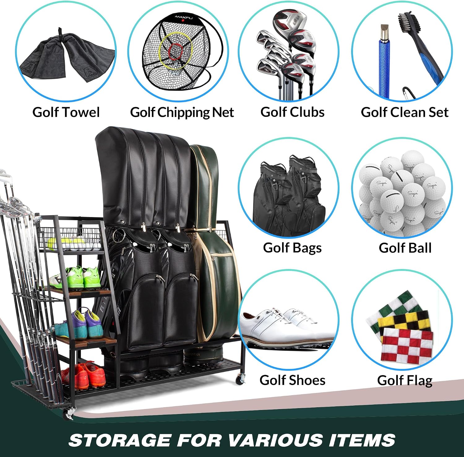 Sttoraboks Golf Bags Storage Garage Organizer, Golf Bag Rack Fits 2/3 Golf Bags and Golf Equipment Accessories, Golf Club Storage Stand with Wooden Shelf and Lockable Wheels for Garage Indoor Basement