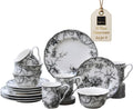 222 Fifth Adelaide 16-Piece Black Porcelain Dinnerware Set – Service for 4, Featuring Hand-Applied Romantic Woodland Bird Design, Everyday Big Dinner Plates and Bowls Sets, Microwave & Dishwasher Safe