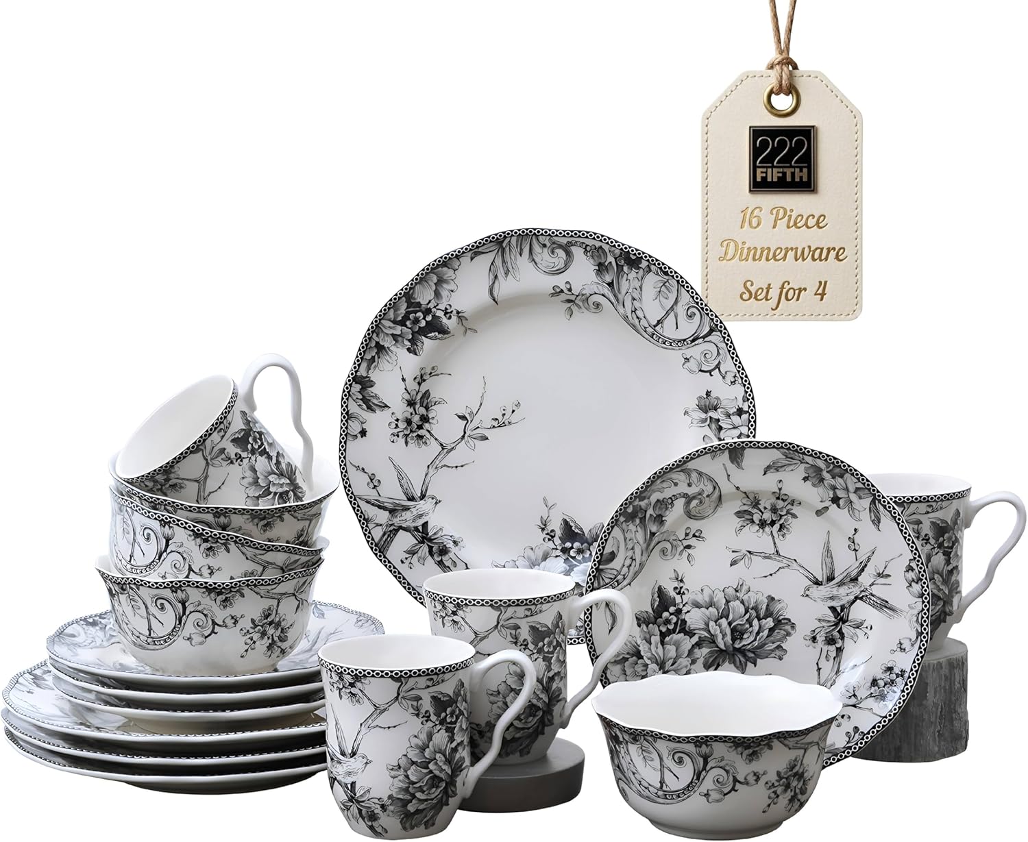 222 Fifth Adelaide 16-Piece Black Porcelain Dinnerware Set – Service for 4, Featuring Hand-Applied Romantic Woodland Bird Design, Everyday Big Dinner Plates and Bowls Sets, Microwave & Dishwasher Safe