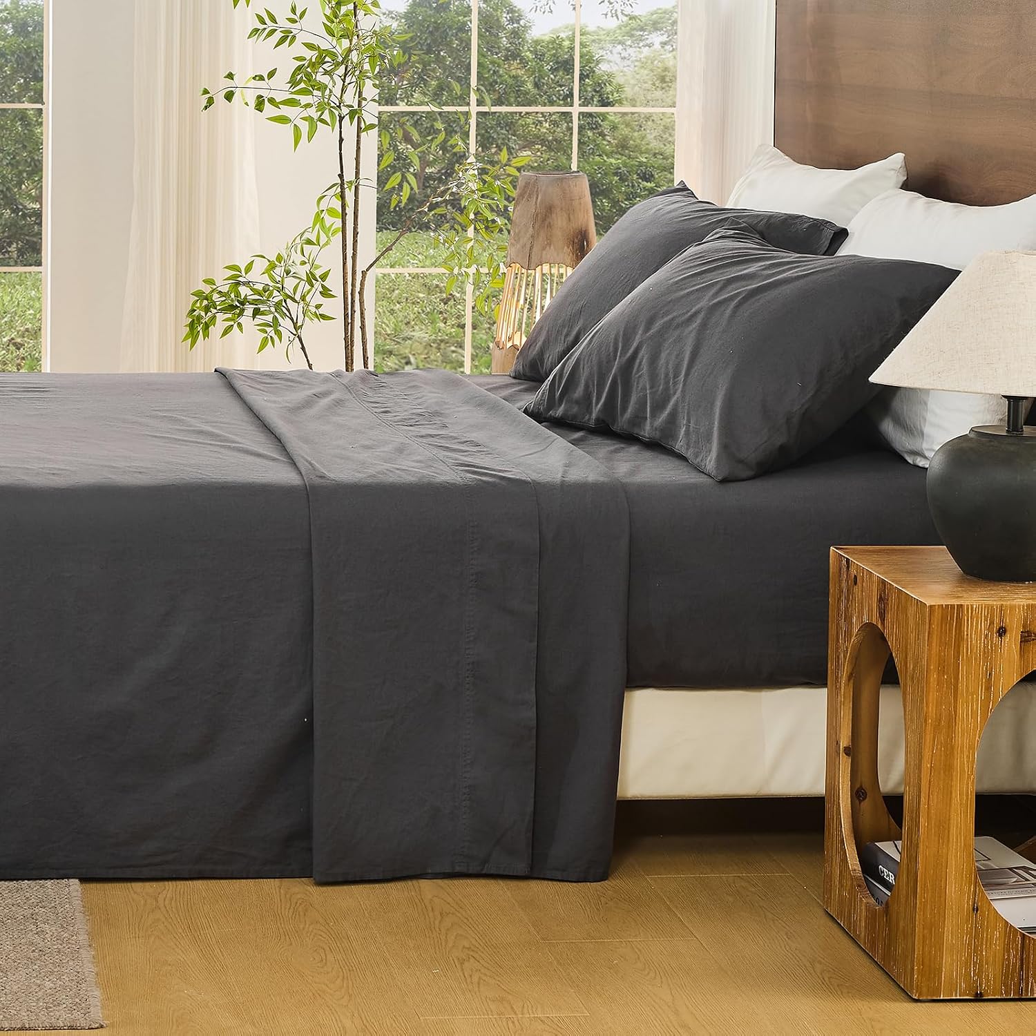Bedlifes 100% French Linen Sheets California King Size 18-24' Extra Deep Pocket 4-Piece Set Breathable & Moisture-Wicking,Soft & Durable Sheets for Thick Mattresses(Dark Grey)