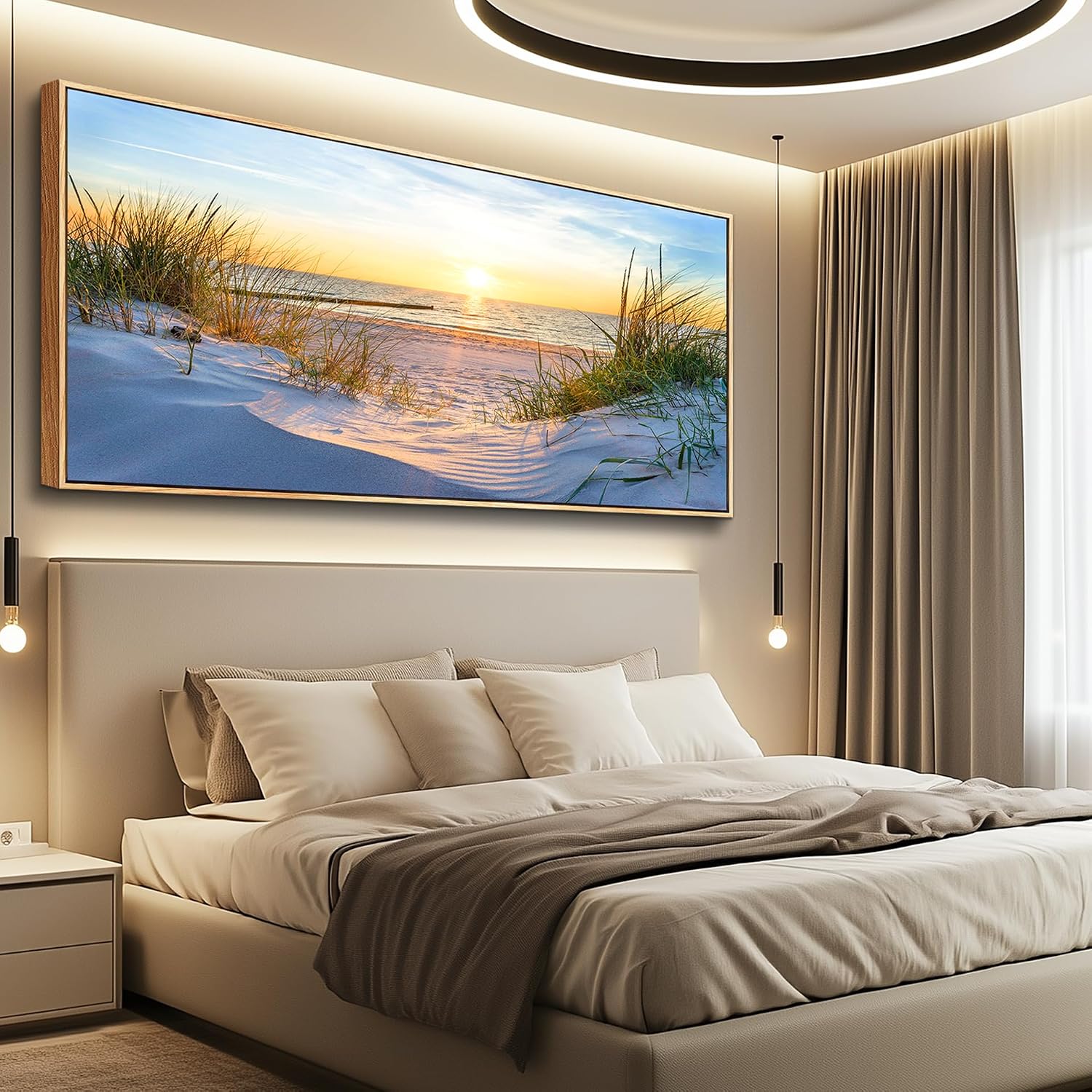 MHARTK66 Large Wall Art For Living Room Wall Decor For Office Ocean Painting Bedroom Wall Decorations Sunrise And Sunset Pictures Artwork For Modern Wood Framed Beach Canvas Prints Poster 72l X 32w