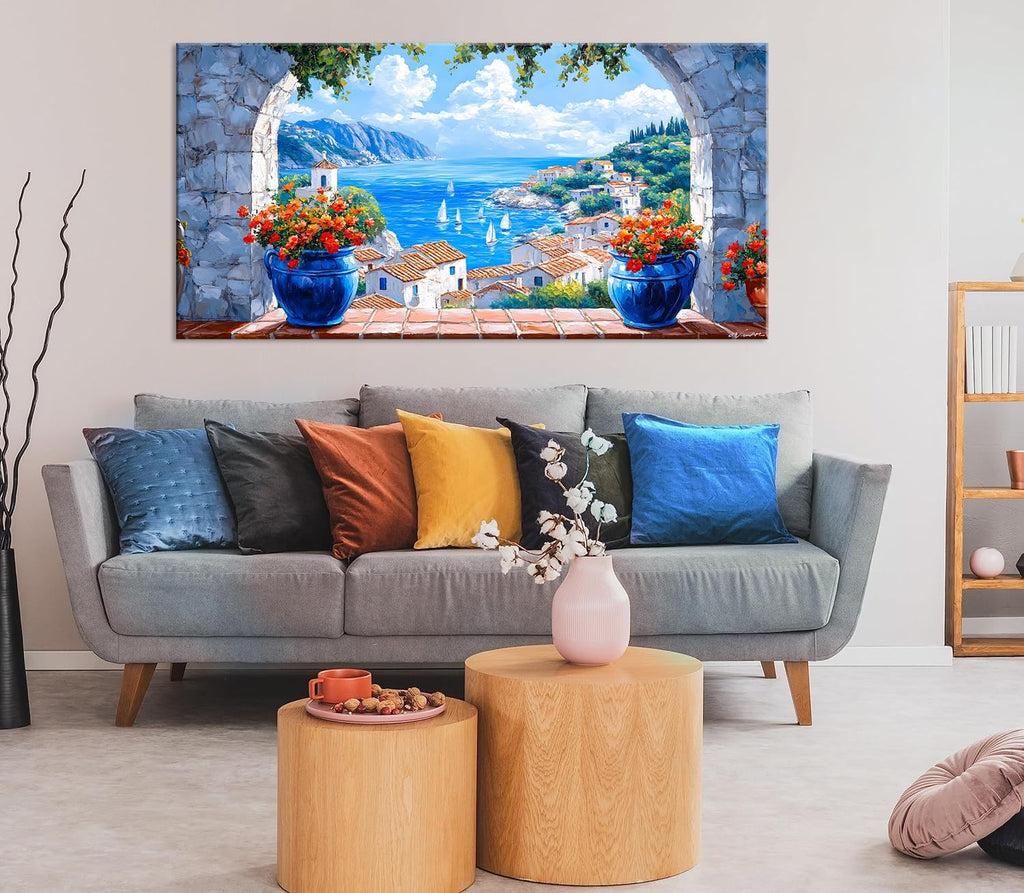 LAVIKARS Seascape Wall Art Navy blue Oil Painting Reproduction Print Modern window view Canvas Paintings Artwork Landscape Picture for Living Room Bedroom Home Kitchen Decor (28x58inch)