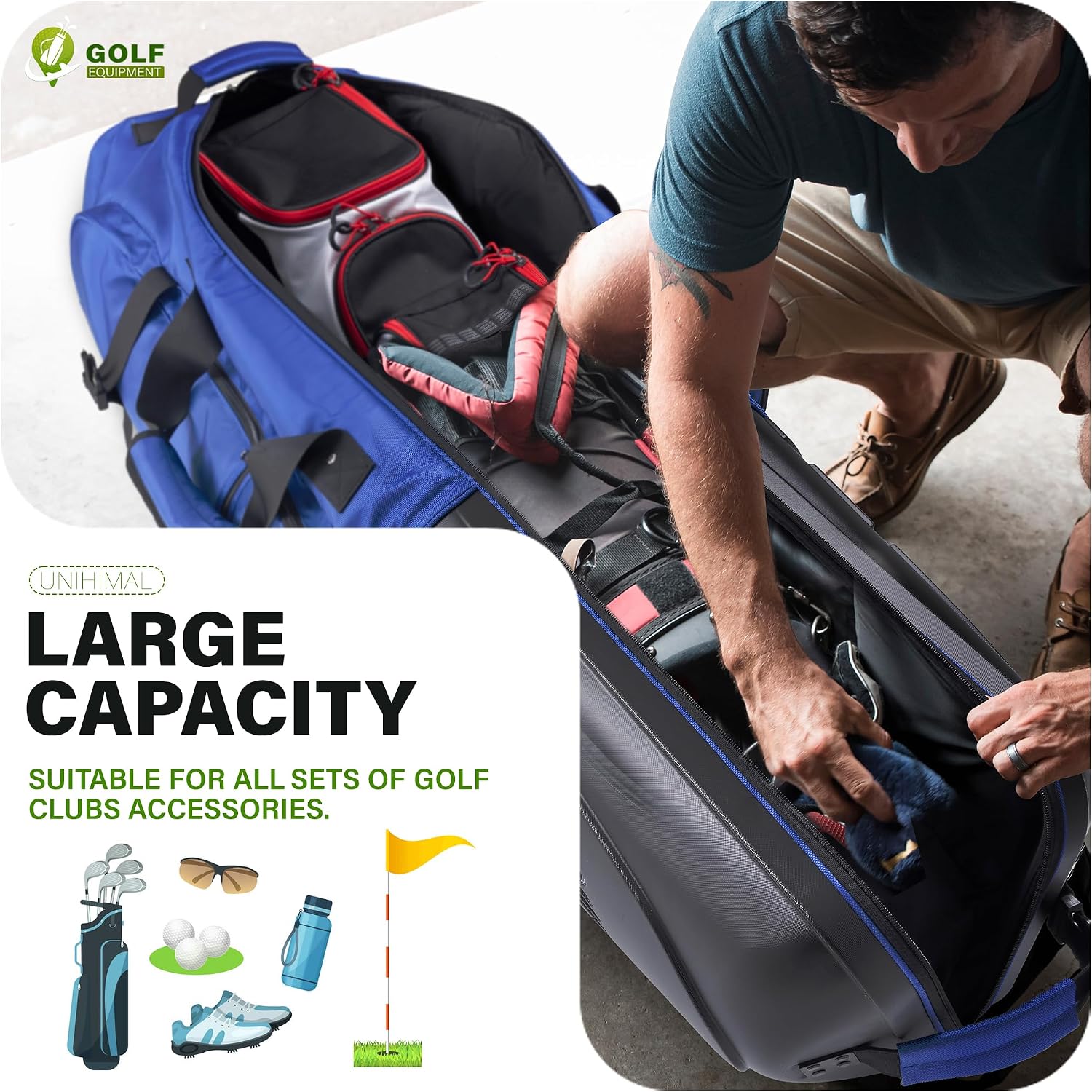 uniHimal Golf Travel Bag with Hard Case Top, 1680D Heavy Duty Oxford Golf Club Travel Bags for Airlines with Wheels Easy to Maneuver
