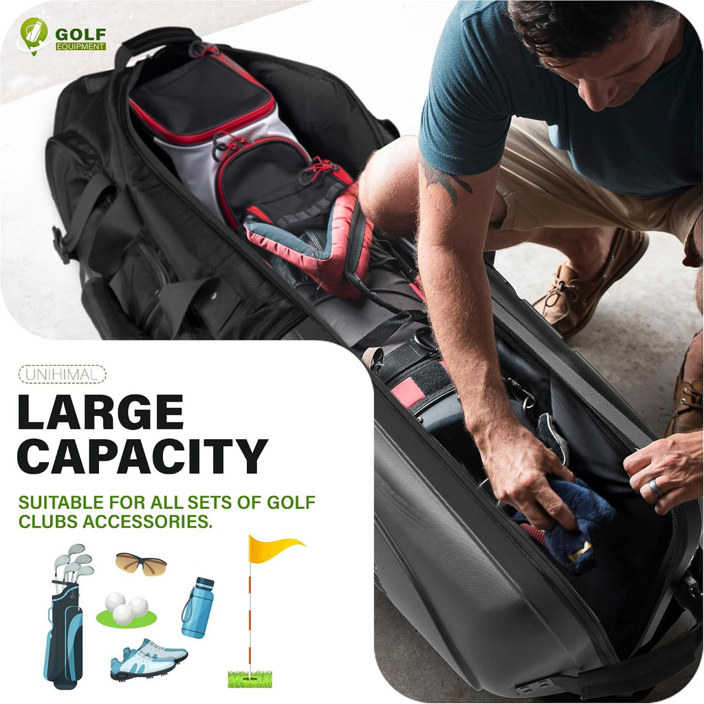 uniHimal Golf Travel Bag with Hard Case Top, 1680D Heavy Duty Oxford Golf Club Travel Bags for Airlines with Wheels Easy to Maneuver