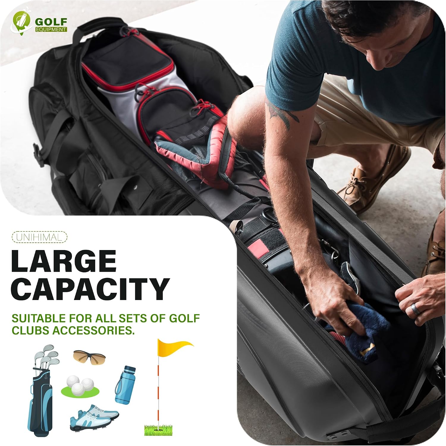 uniHimal Golf Travel Bag with Hard Case Top, 1680D Heavy Duty Oxford Golf Club Travel Bags for Airlines with Wheels Easy to Maneuver