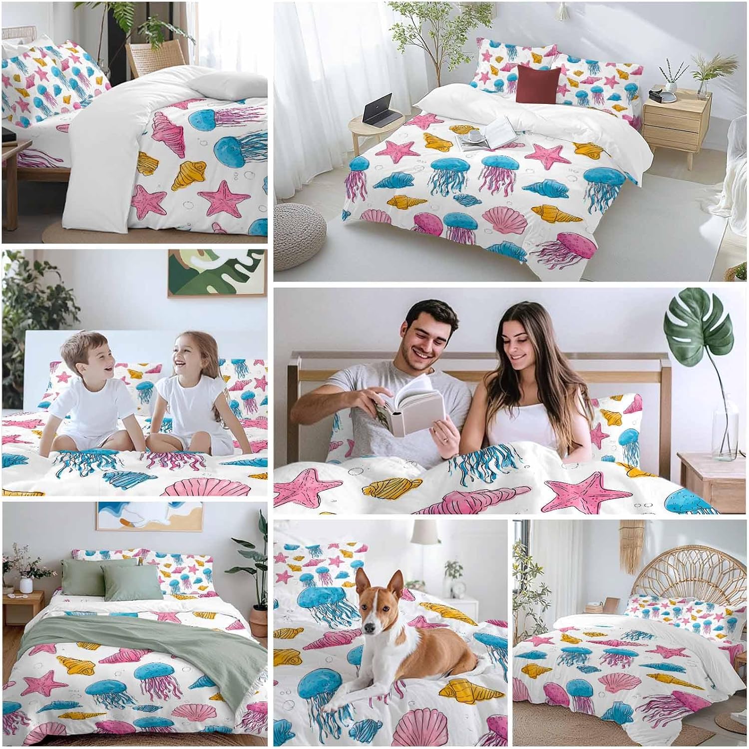 Marine Life Duvet Cover Set Queen Size 4 Pieces Nautical Ocean Pink Blue Yellow Jellyfish Starfish Shell Bedding Set with Zipper Closure, 1 Comforter Cover 90x92 Inches 1 Flat Sheet & 2 Pillow Cases