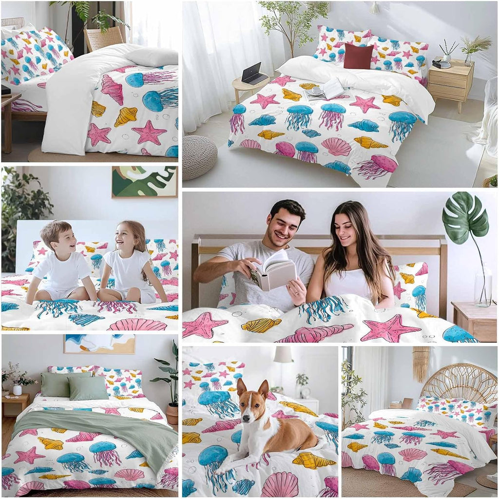 Marine Life Duvet Cover Set Queen Size 4 Pieces Nautical Ocean Pink Blue Yellow Jellyfish Starfish Shell Bedding Set with Zipper Closure, 1 Comforter Cover 92x106 Inches 1 Flat Sheet & 2 Pillow Cases