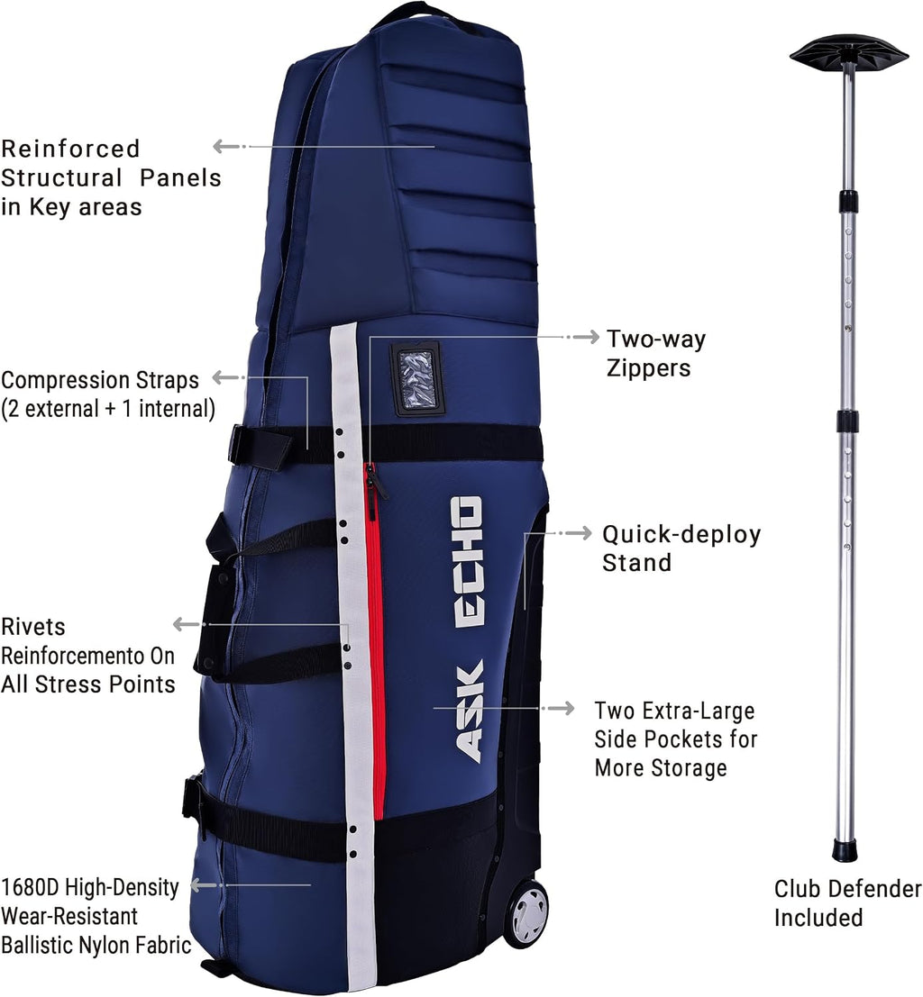 ASK ECHO Locklink StableRoller Golf Travel Bag with 4-Wheel Rolling System, Extendable Support Stand Legs