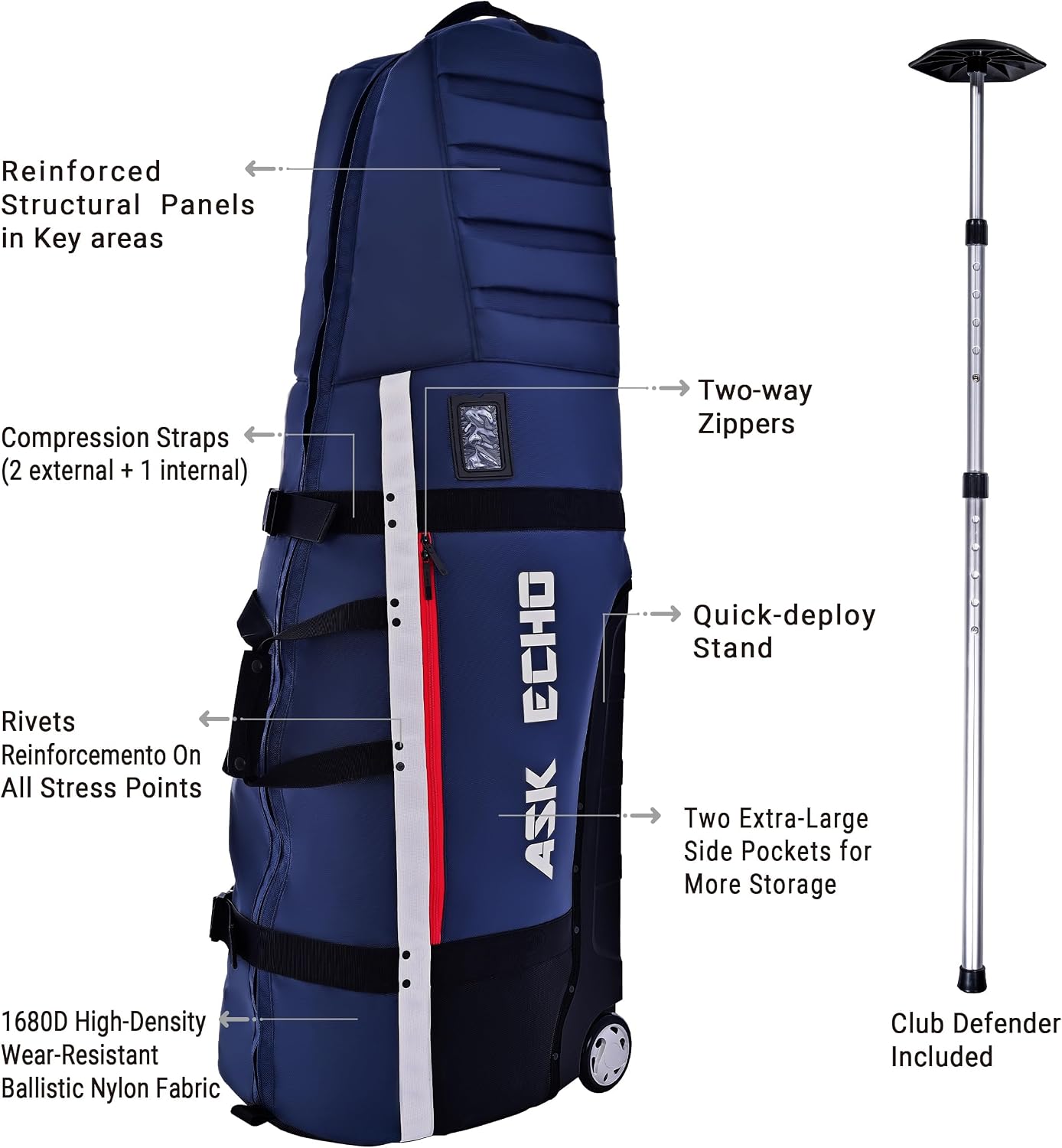 ASK ECHO Locklink StableRoller Golf Travel Bag with 4-Wheel Rolling System, Extendable Support Stand Legs