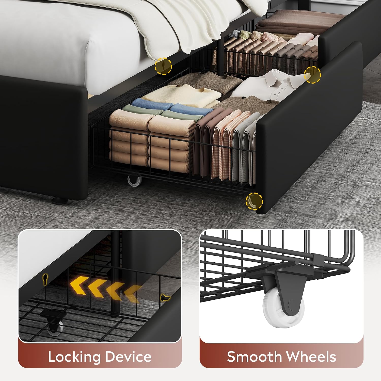 WLIVE King Size Upholstered Bed Frame with 4 Storage Drawers and Headboard, Velvet Platform Bedframe, Sturdy Metal & Wooden Slats Support, No Box Spring Needed, Easy Assembly, Black
